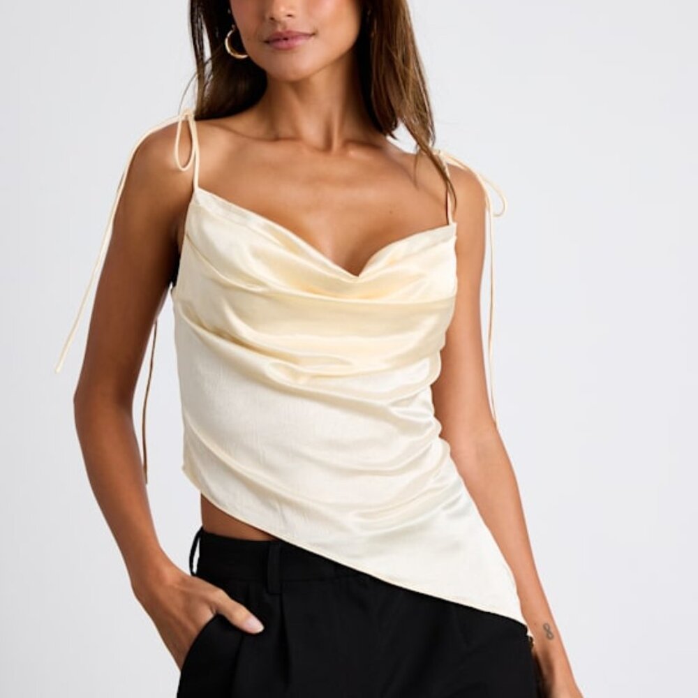 Lulus Bardot Cream Satin Cowl Neck Tie-strap Cami Top White - Size XL